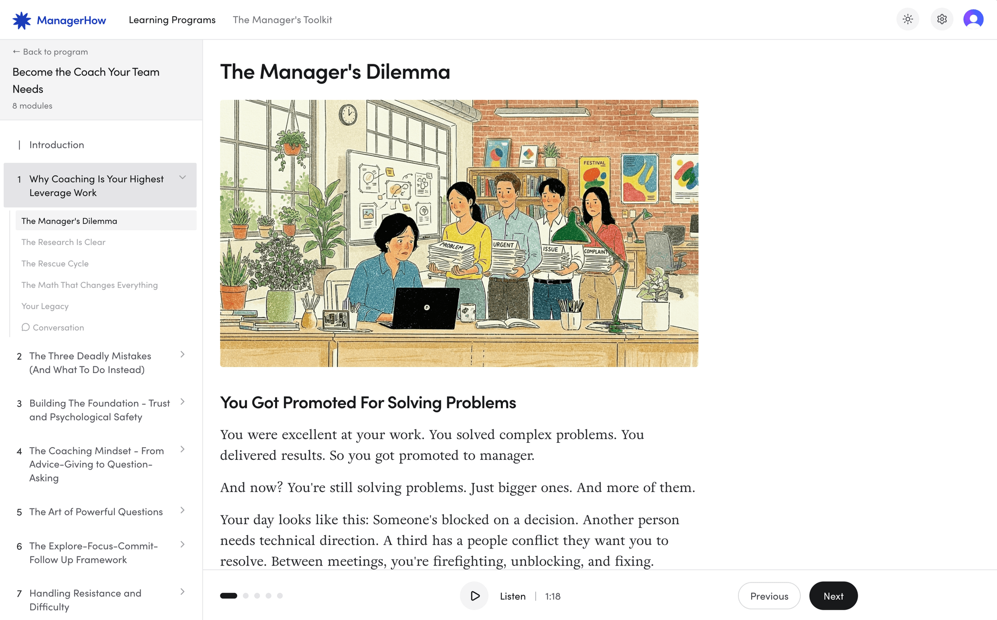 Lesson screenshot showing The Manager's Dilemma